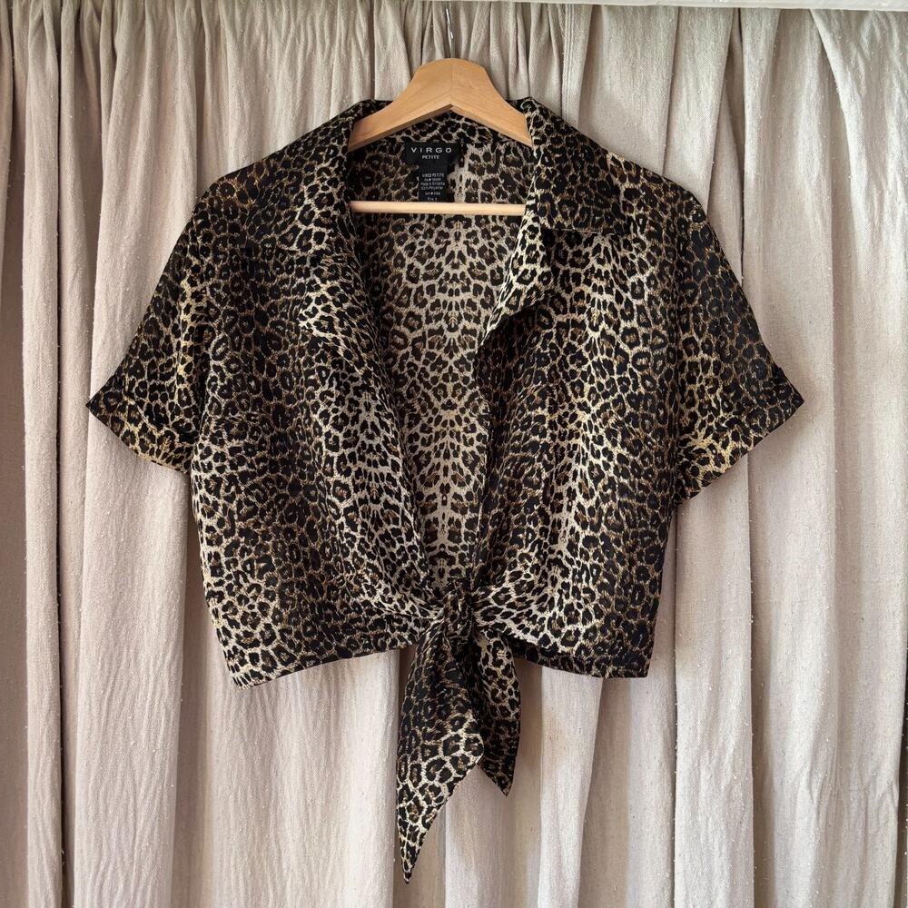 Virgo Petite 8 Leopard Print Tie Front Crop Blouse Short Sleeve